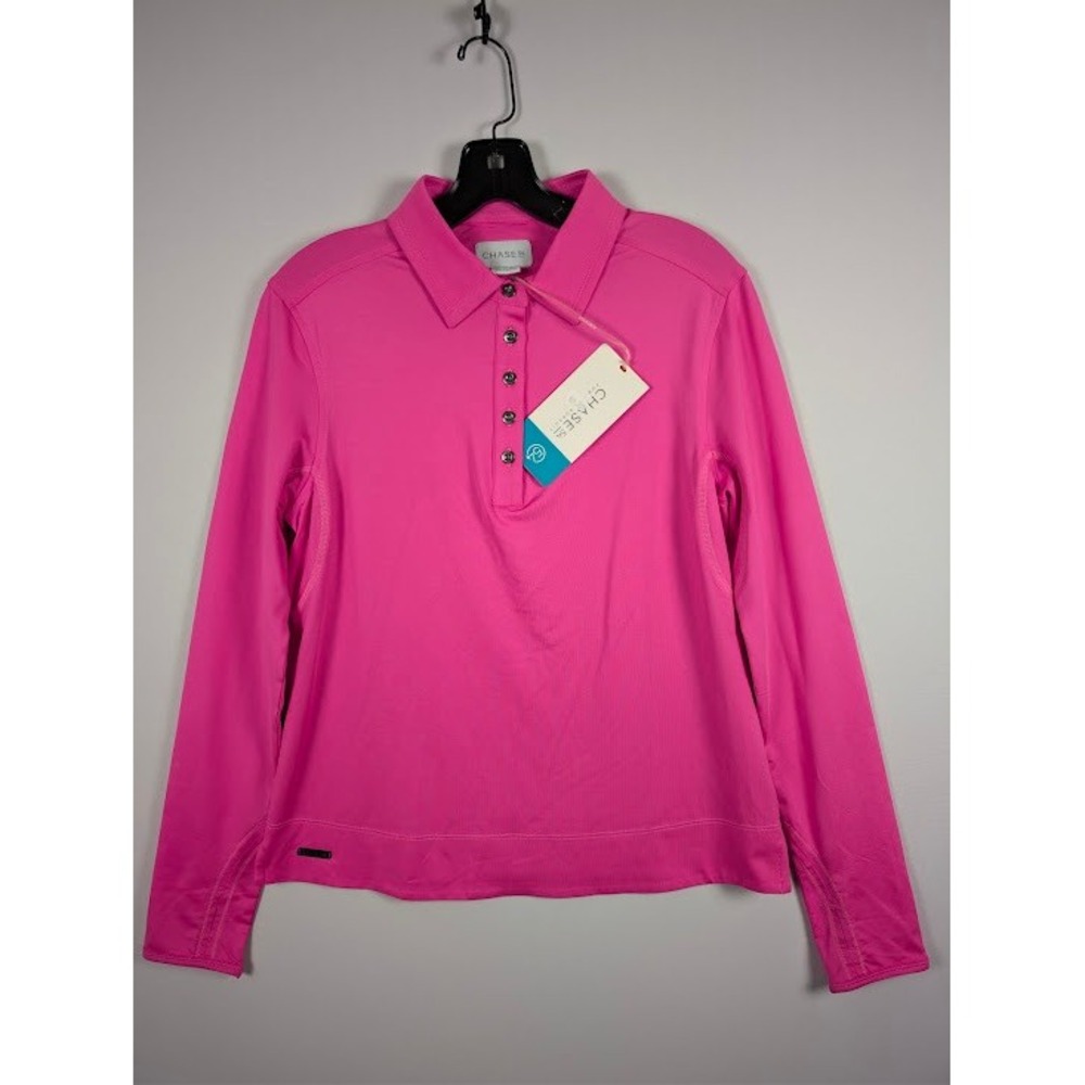 Chase54 Long Sleeve Polo Shirt Womens Medium Hot Pink Golf Stretch Thumbholes
